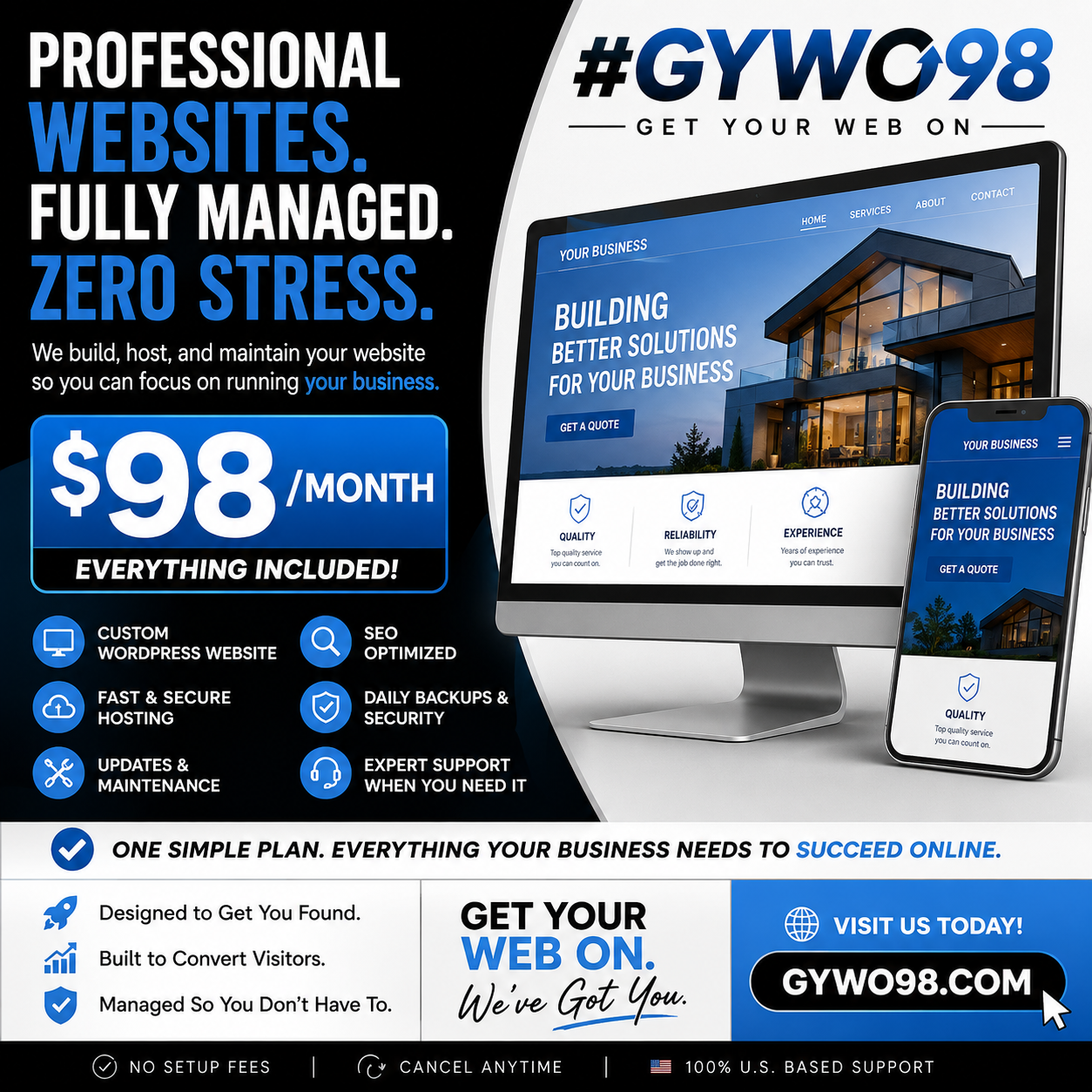 Professional fully managed websites for $98 per month